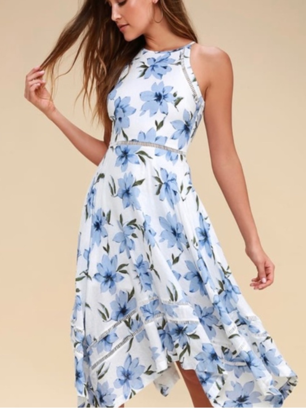 Lulu's White Halter Dress with Blue Floral Print